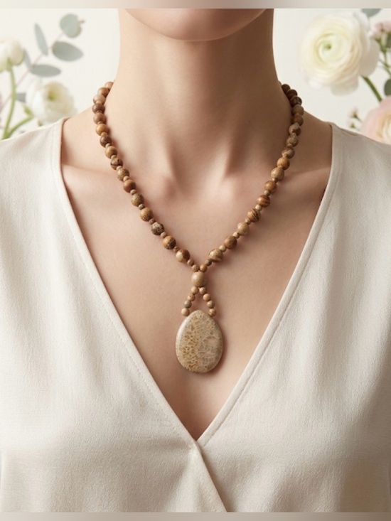 Handmade Jewelry - Hand Crafted Picture Jasper Beaded Necklace & Fossil Coral Pendant 25" 8mm NWT